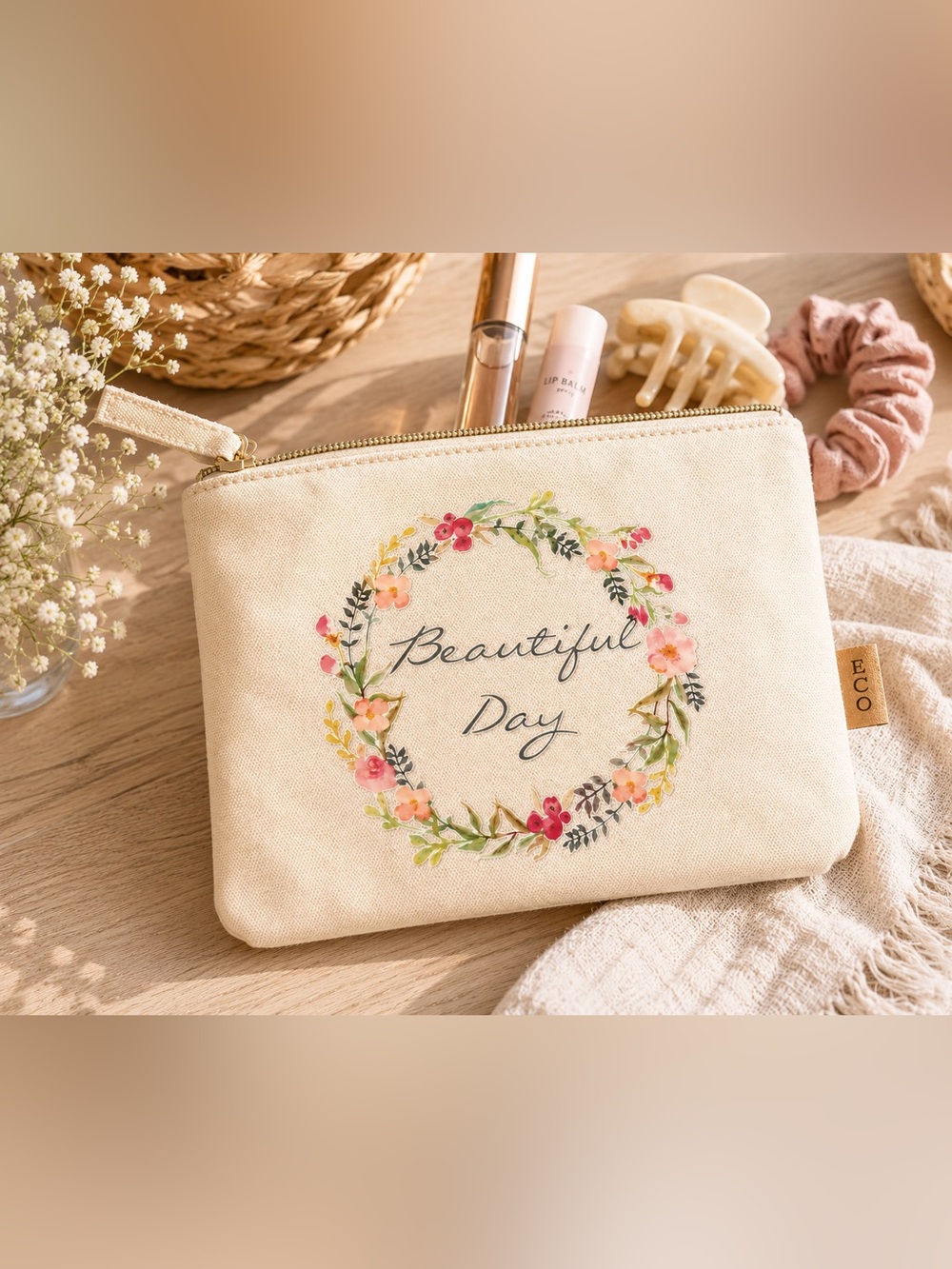 Beautiful Day Floral Canvas Zip Pouch - Cream